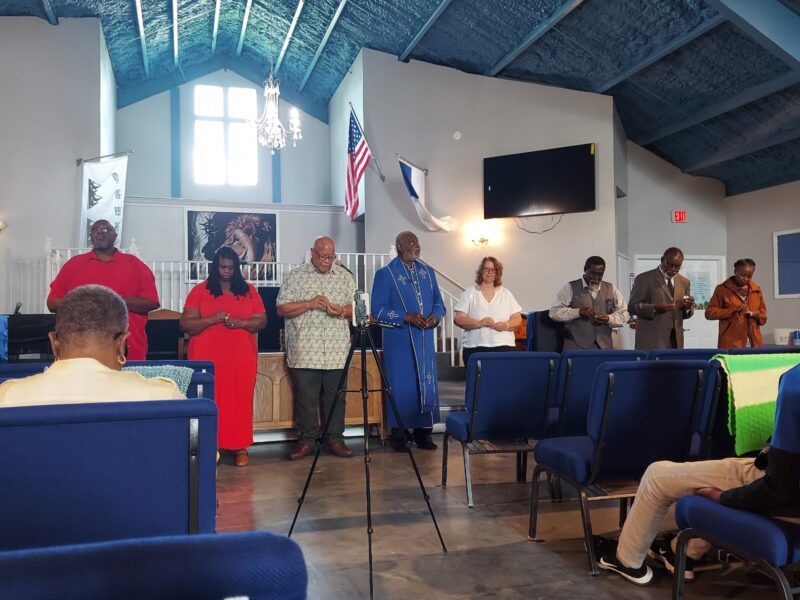 Pastor Barb participating in leading worship at Mt. Nebo